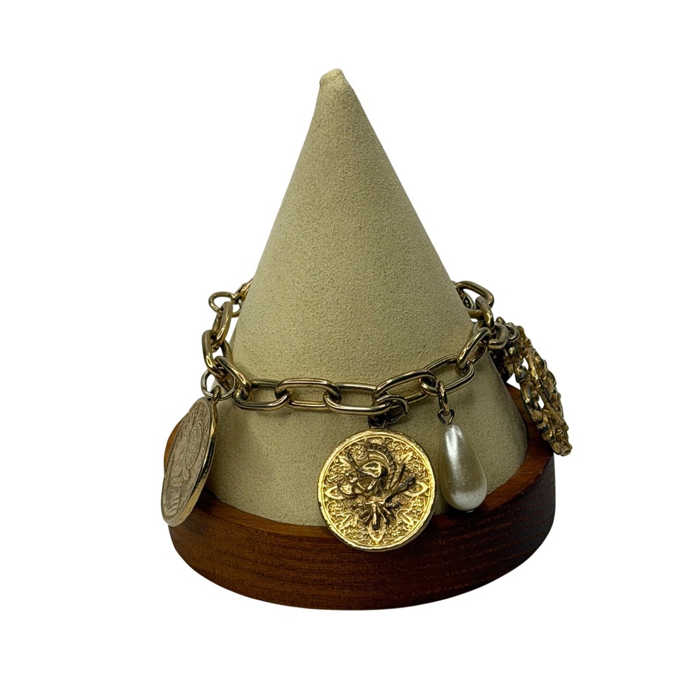 Gold Tone Coin Charm Bracelet Faux Pearl Teardrop Vintage Medallion Link Y2K